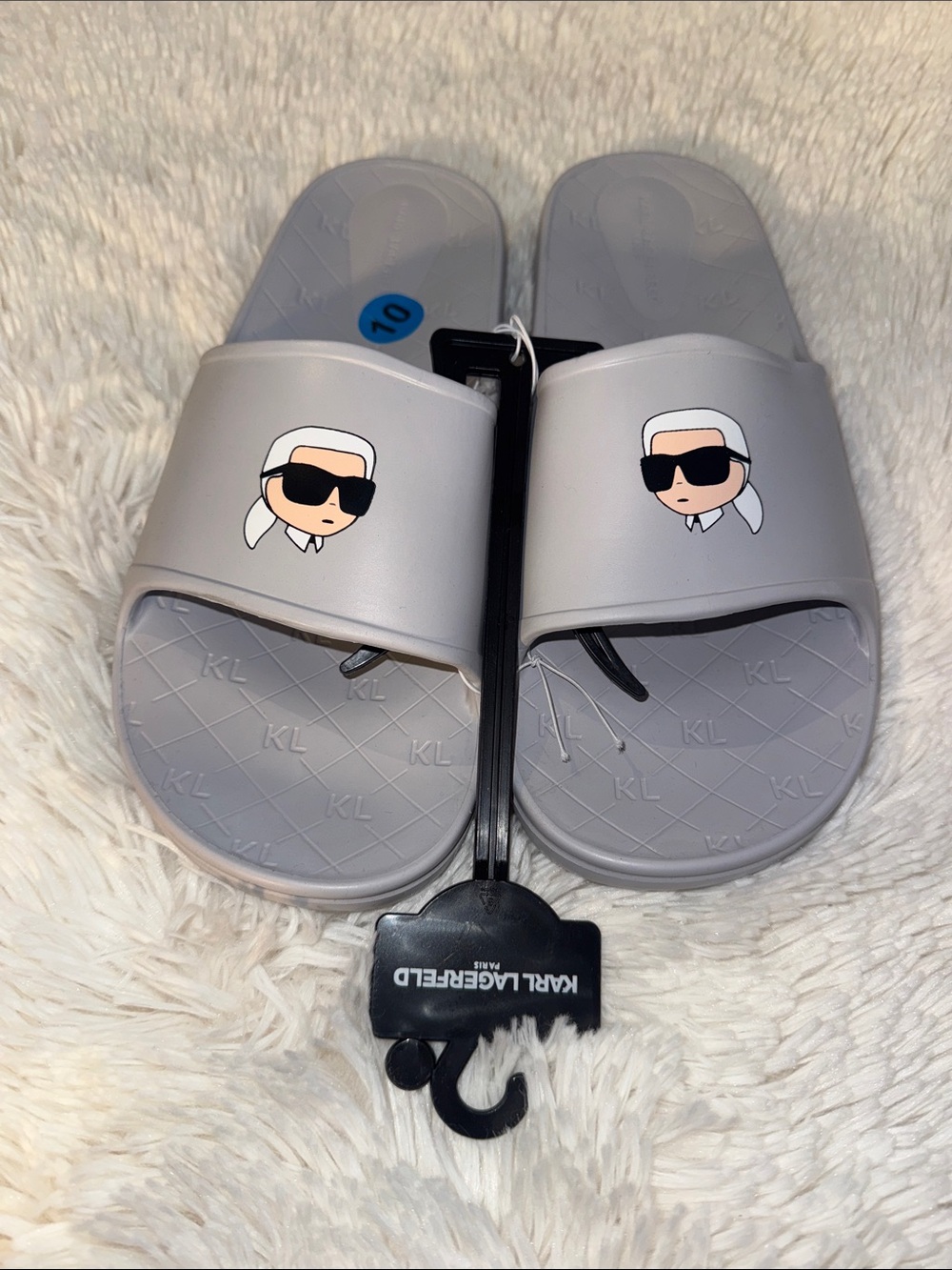 Karl Lagerfeld Gray Slide Sandals with Karl Cartoon Logo